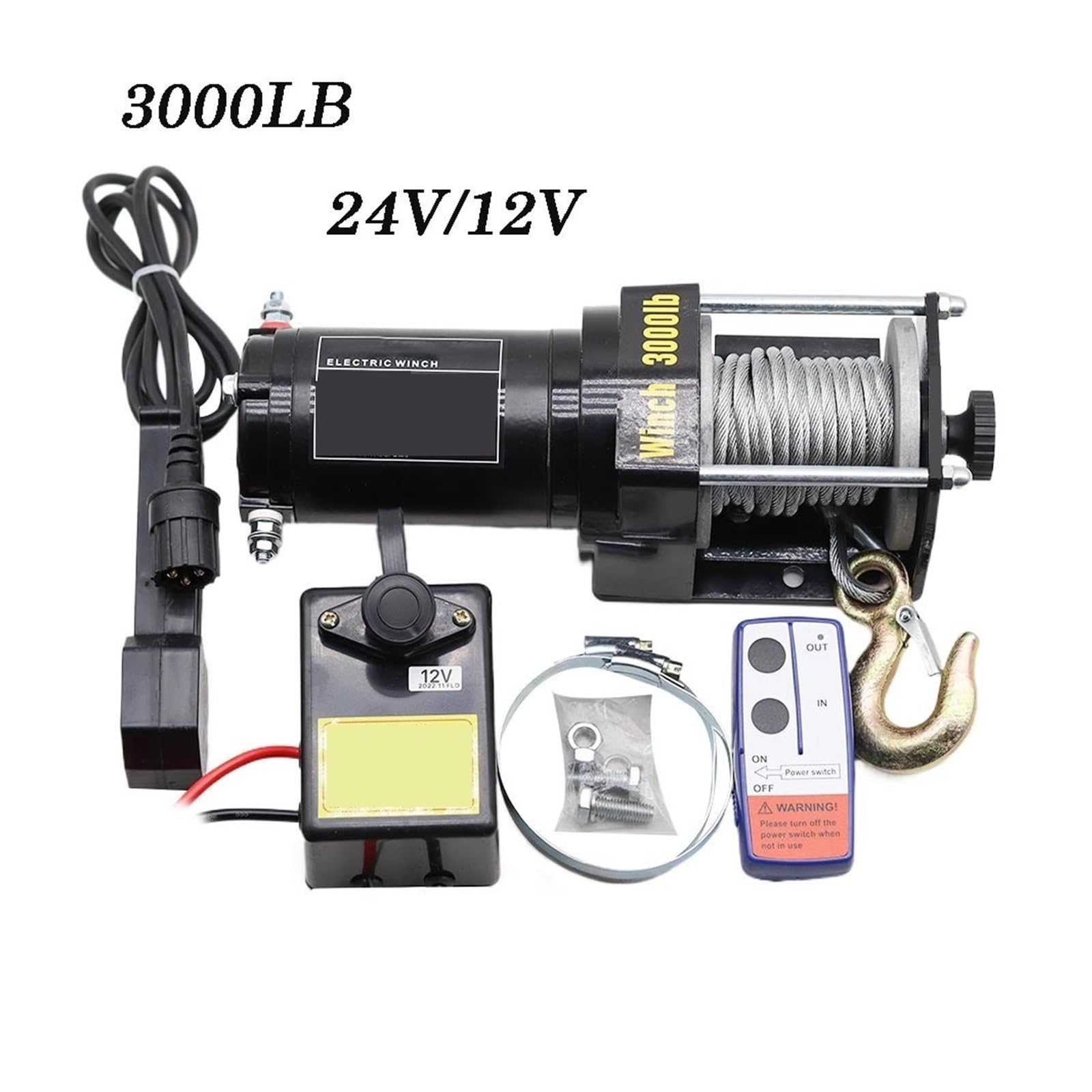 3000LBS 24V/12V Elektryczna wciągarka bezprzewodowa sterowana, do quadów, SUV-ów, łodzi, ciężarówek, przyczep, pojazdów terenowych, o dużej ładowności (12V, 3000lb)