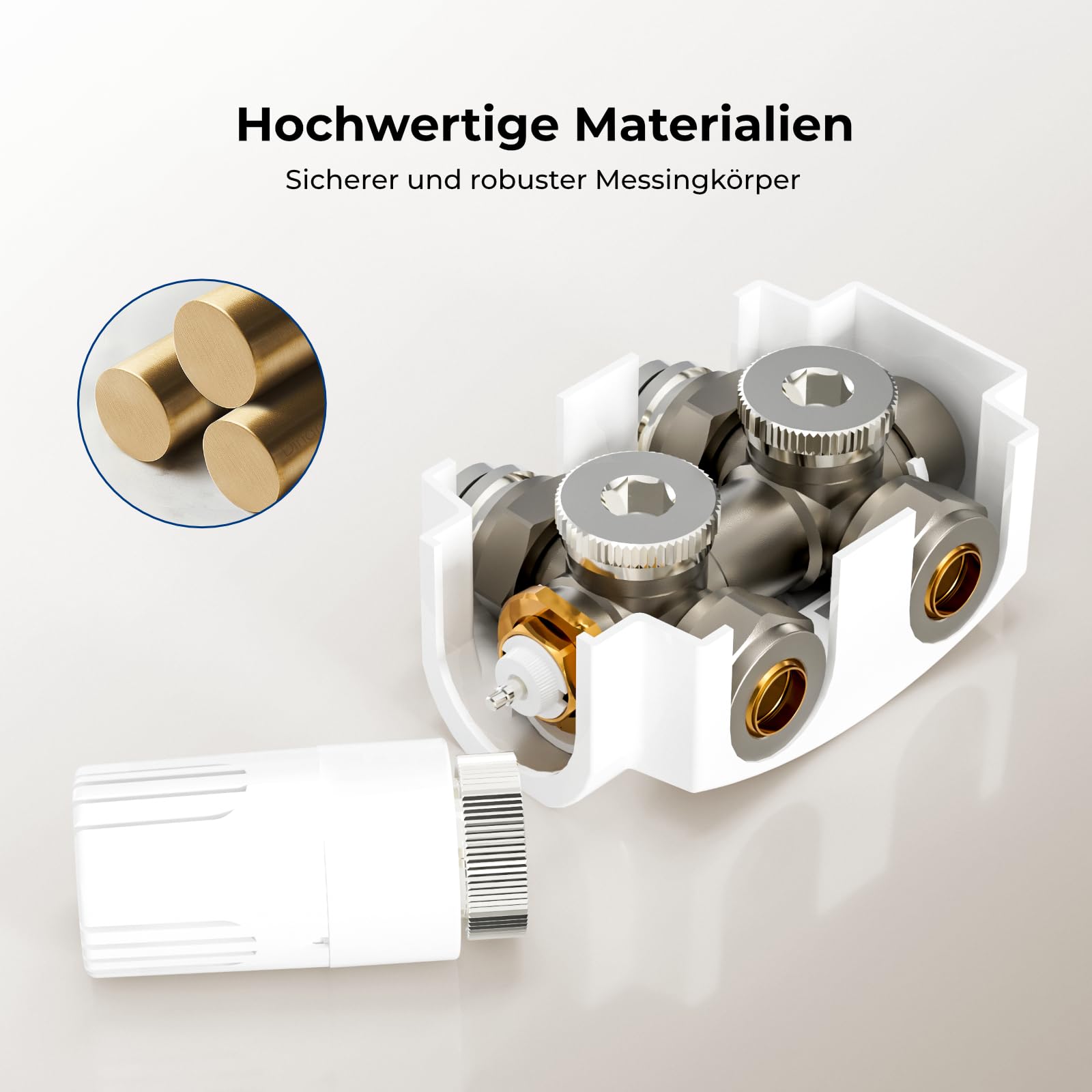 Heilmetz Multiblock Set für Heizkörper Anschlussarmatur mit Thermostat Hahnblock in Eck- und Durchgangsform, 50mm Ventil – Für 15mm & 16mm Rohre (G1/2"), 1 Stück, Weiß mit Deckel