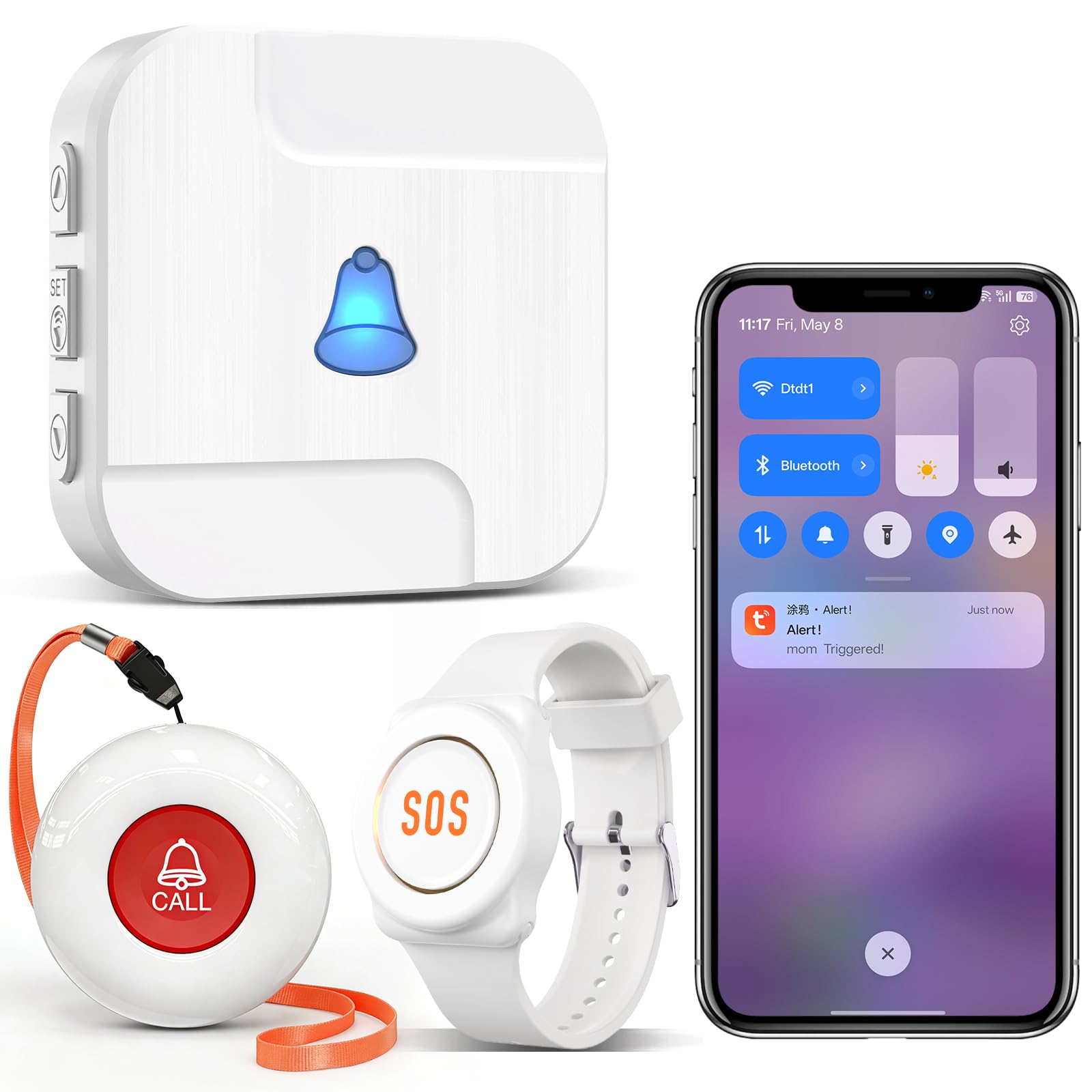 ChunHee Personal Alarms for Elderly Linked to Phone, Alarm for Elderly Alert Button that Calls Family Panic Button with 1UK Plug Receiver