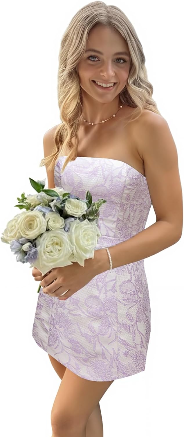 Strapless Homecoming Dresses for Teens Floral Print Short Formal Dress Mini Bodycon Cocktail Party Gowns