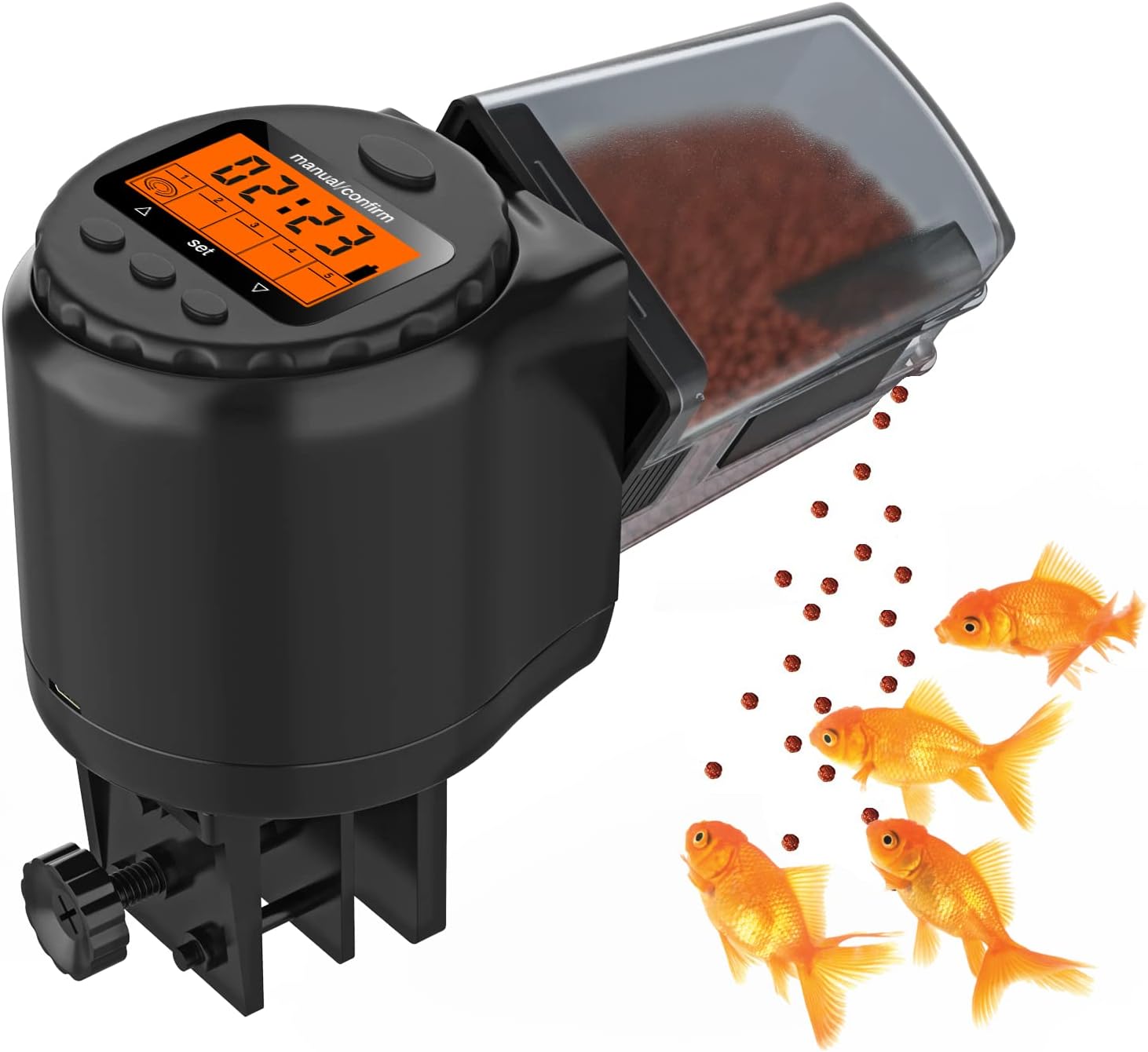 魚自動給餌器 Nuovoware オートフィーダー 魚用 自動給餌器 魚用自動給餌器 餌やり器 水槽用 タイマー設定 Ledディスプレイ 配給量調整 回転数調整可能 2つの取付角度 定時給餌 家庭用 小型 コンパクト 静音 留守番 使用簡単 日本語取扱説明書付き ブラック 超歓迎