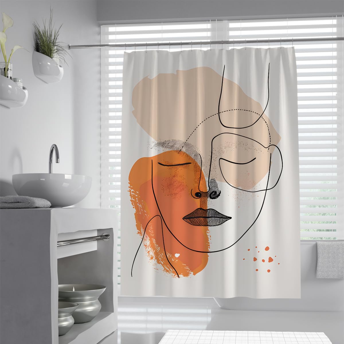 Uiringart Shower Curtains Terracotta Abstract Face Line Art W180xl200cm Boho Geometric Mildew Resistant Waterproof Walk In Shower Decor With Hook