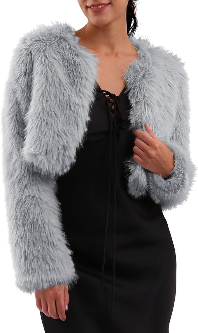 Amazhiyu Abrigo de piel sintética para mujer, chaqueta corta de manga larga, cuello, invierno