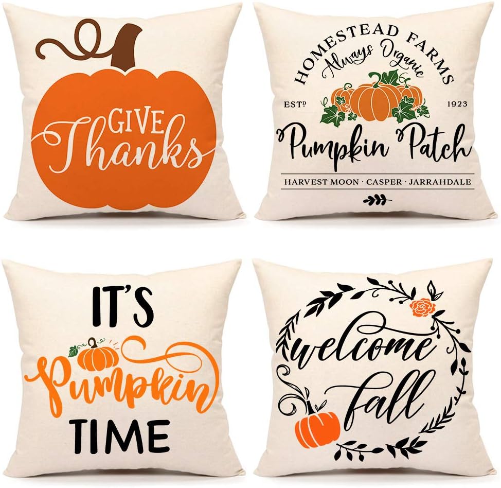 4TH Emotion Fall Pumpkin Thanksgiving Pillow Covers 18 x 18 Inches Set of 4 Farmhouse ThrowCushion Case for Sofa Couch Polyester Linen (Give Thanks,Pumpkin Patch, Pumpkin Time, Welcome Fall)