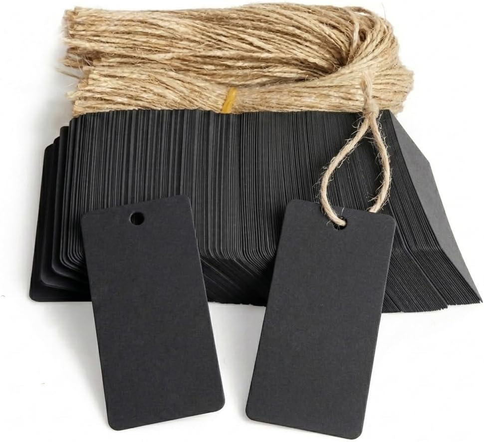 200pcs Gift Tags with String, Kraft Paper Blank Tags for DIY Project,Gifts Arts and Crafts Wedding Holiday (Black)