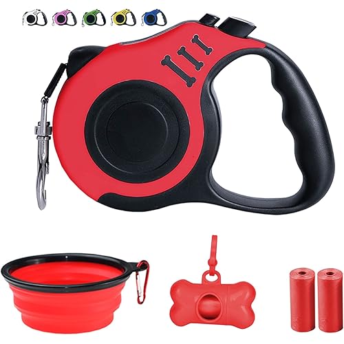 Retractable Dog Leash for X-Small/Small/Medium, 10ft (for Dogs Up to 22lbs), with 1 Free Portable Silicone Dog Bowl + 1 Waste Bag Dispenser + 5 Waste Bag