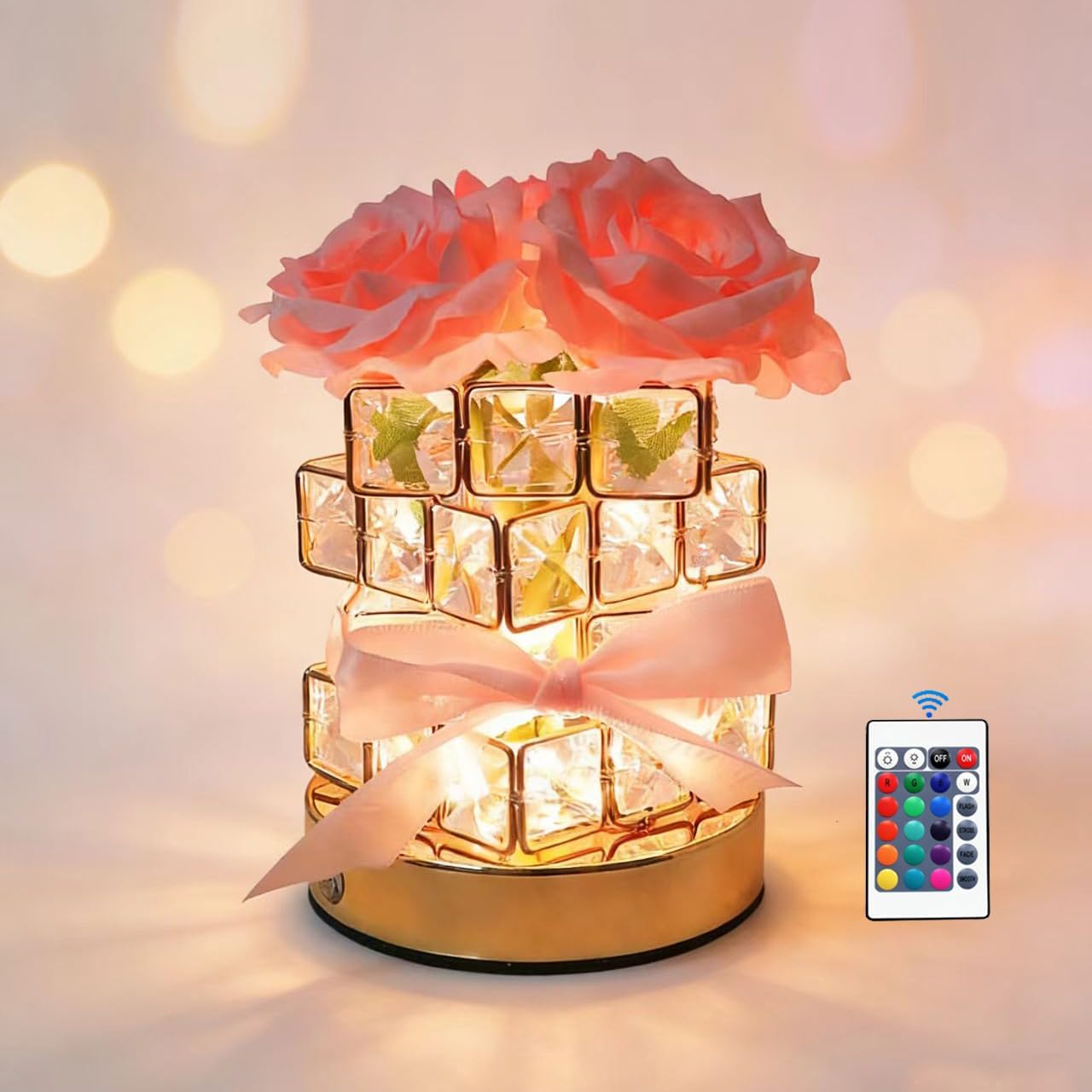 Crystal Table Lamp, Rechargeable Cordless Rose Light, with Touch & Remote Control Dimming - 16-Color Dimmable, Birthday Gifts for Women, Mom, Wife, Living Room, Bedroom Decor