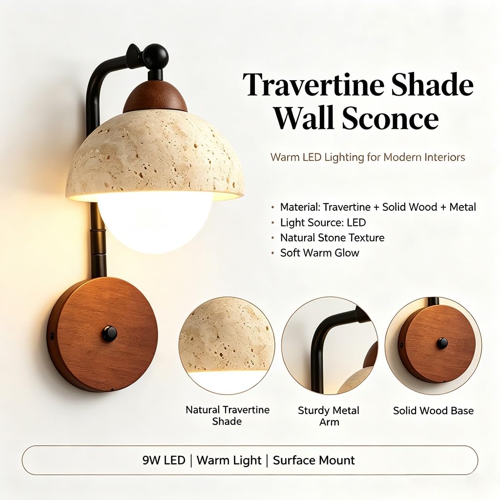 Lámpara De Pared 9W Wabi-Sabi, Travertino Amarillo Estilo Japonés | Casquillo G9 Lámpara Madera, Para Dormitorio Aplique Casas Campo Apartamentos Cuarto Baño Salón Comedor Entrada Pasillo