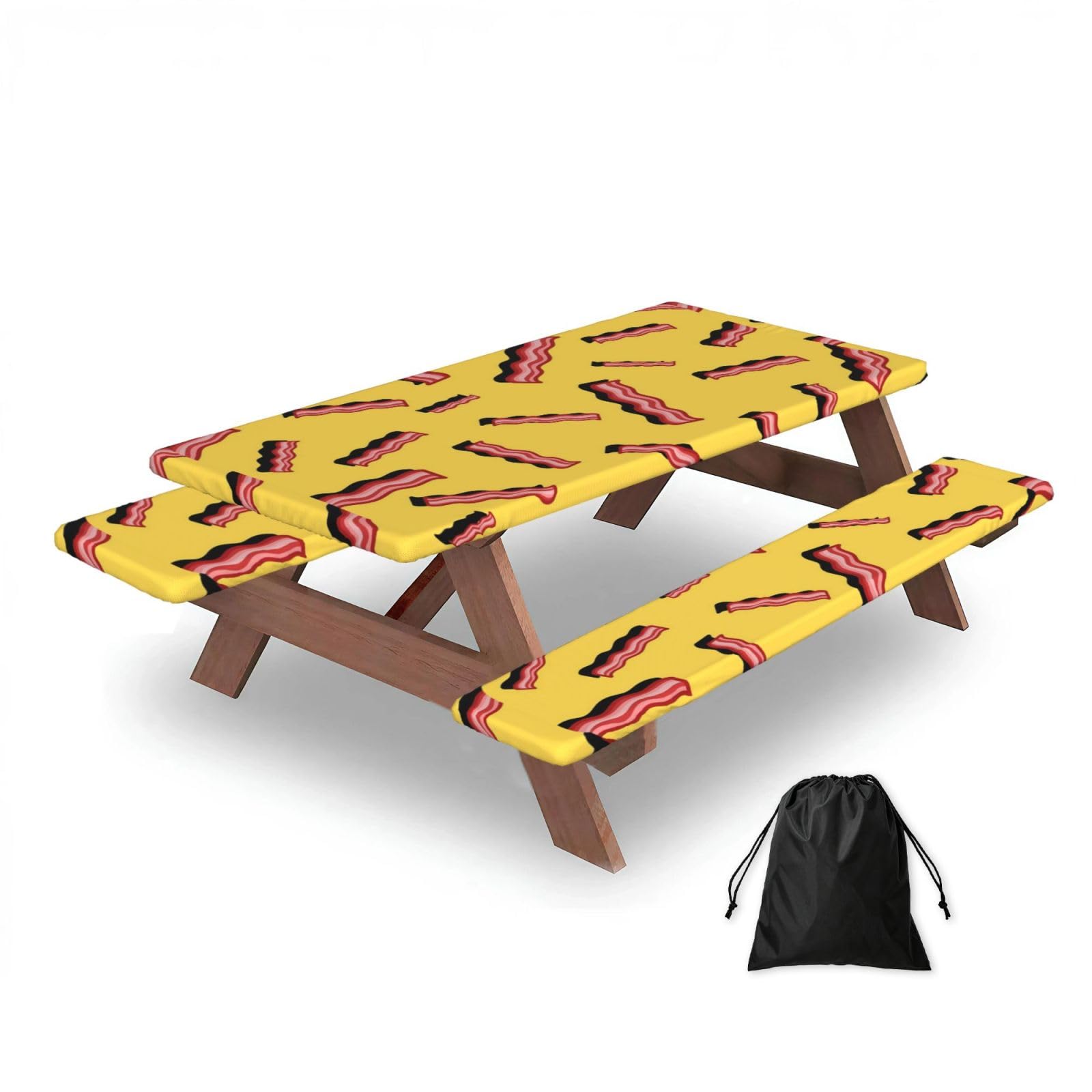 Dopklna As Picture Bacon Yellow Background, Picnic Table Cover With Bench Covers -Waterproof Elastic Fitted Tablecloth For Garden Camping Patio 76X152cm
