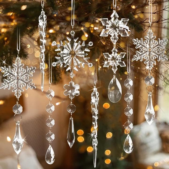 GuassLee 18pcs Crystal Christmas Ornaments for Christmas Tree Decorations-Hanging Acrylic Snowflake and Icicle Ornaments with Drop Pendants for Christmas Tree New Year Party Decorations Supplies