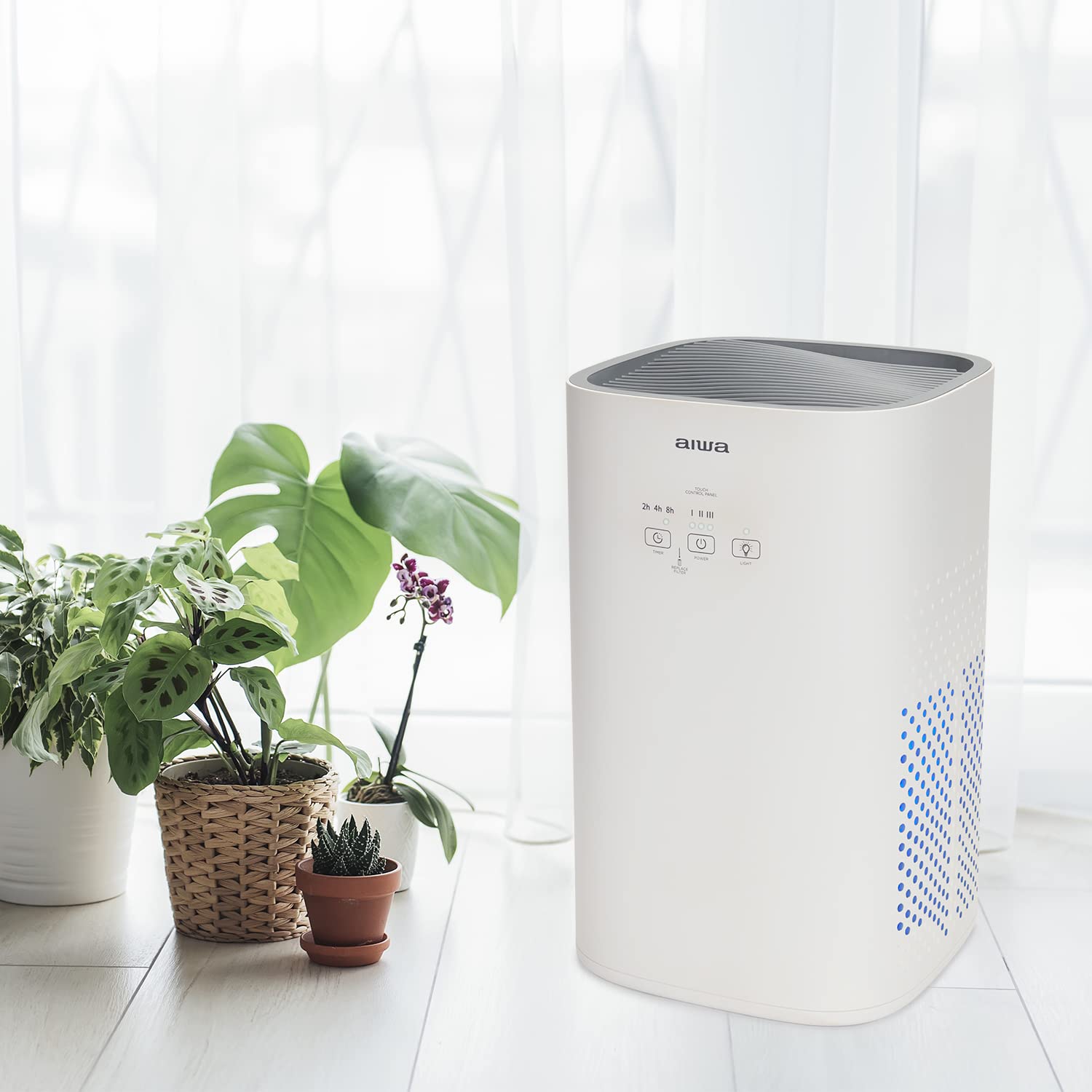 Aiwa PA-100: Purificador de Aire con Filtro H13 HEPA, Ionizador, Filtración 99,95%, Ultra Silencioso, Temporizador, 3 Velocidades de Ventilación, UV LED, 17 m², Control Táctil, Blanco