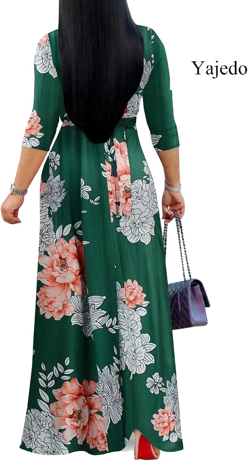Yajedo Womens Casual Summer Maxi Dress Plus Size Sexy Wrap V Neck 3/4 Sleeve Sundress with Pockets image 2