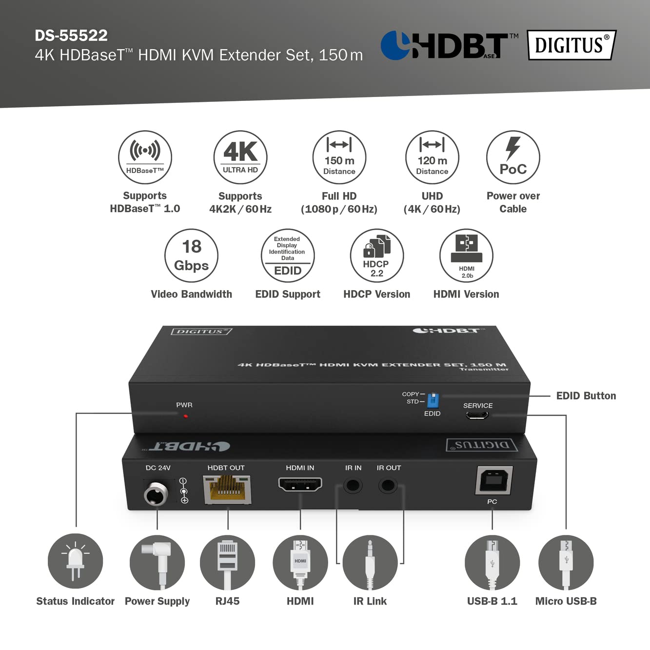 DIGITUS Przedłużacz KVM HDMI - 4k/60Hz - Nadajnik i odbiornik - HDBaseT 1.0 - HDMI 2.0b - USB 1.1 - Zasięg do 150 m - Kabel krosowy Cat 6A i wyższy