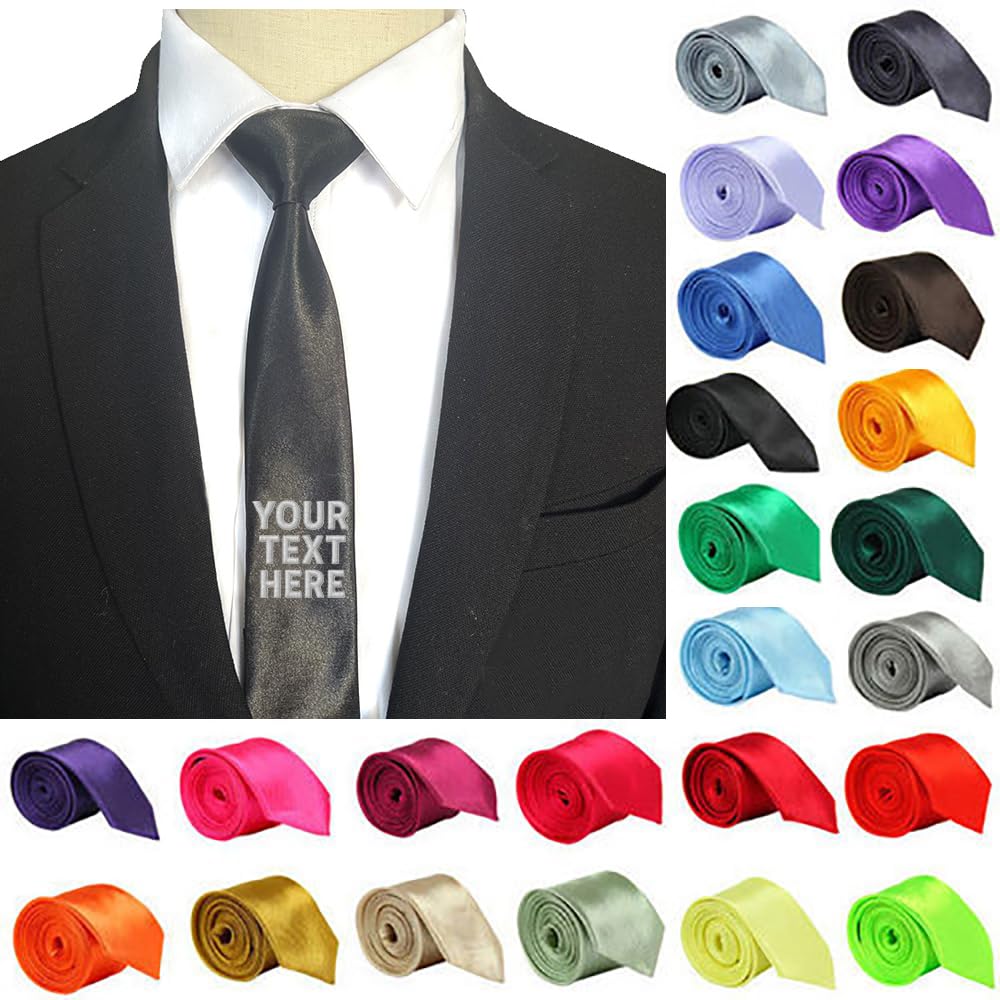 Van Der Linn Black Personalised Embroidered Satin Tie Premium Elegant Neckwear (Black)