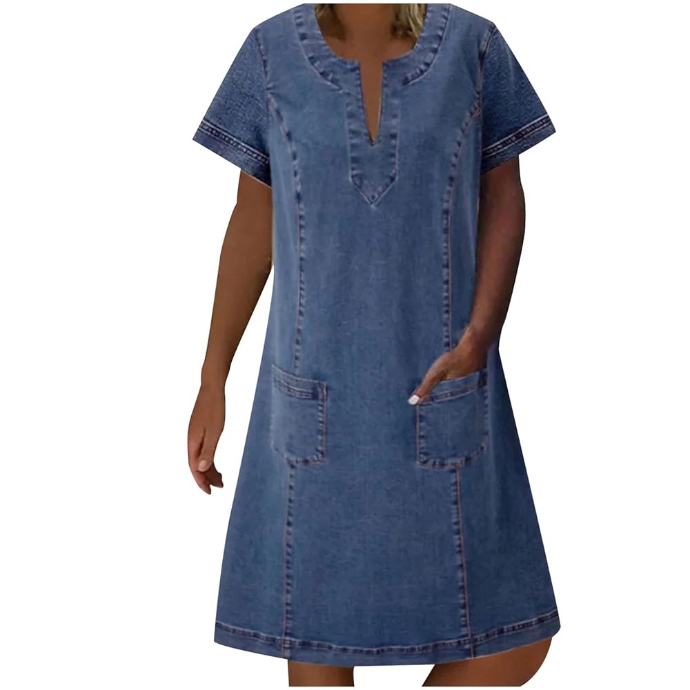 新品 未使用 Denim-Trimmed Volume Sleeve Dress Amazon.com: Loose Denim Dress Women Summer Short Sleeve V