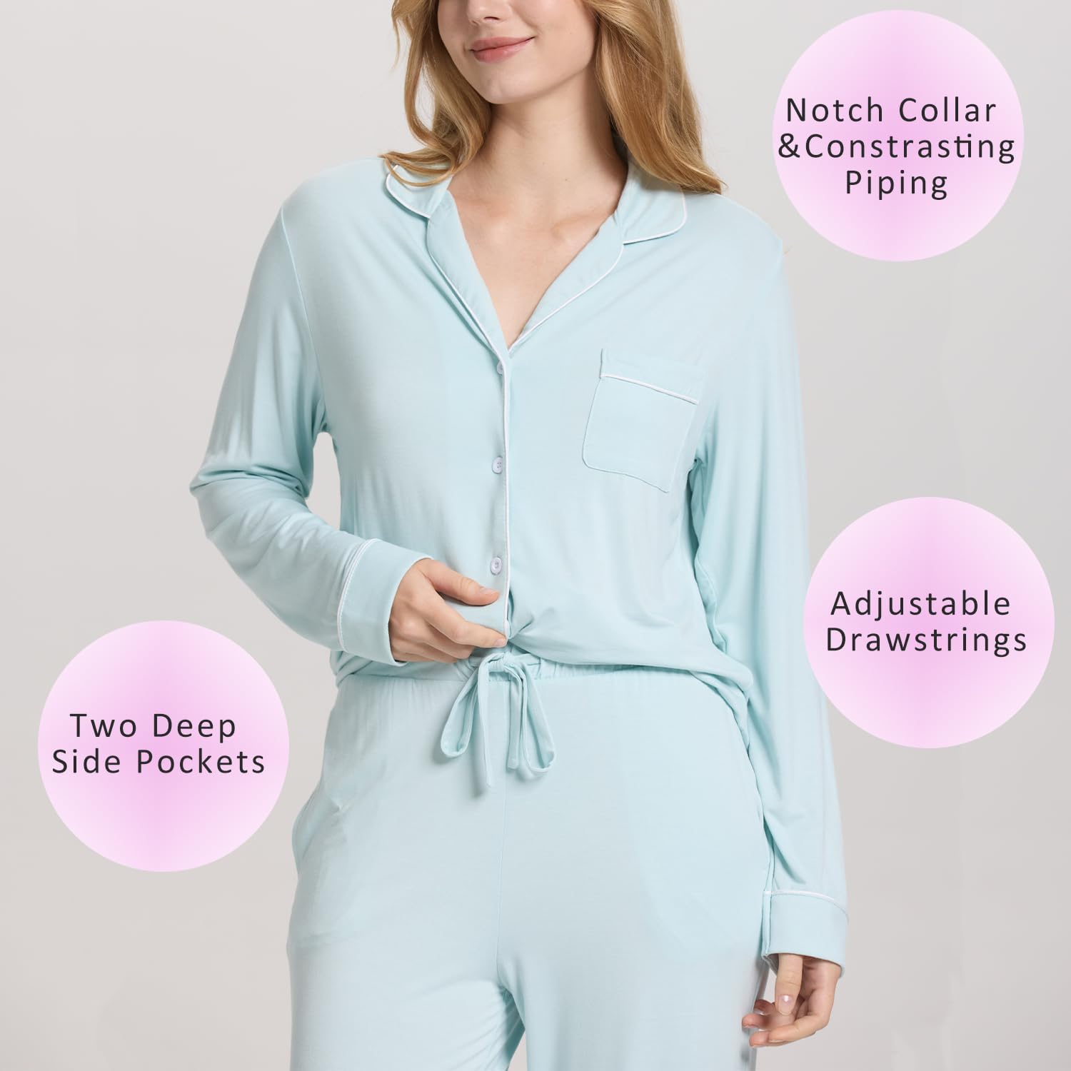 TOSMO Women Pajama Sets Viscose from Bamboo Long Sleeve Sleepwear Super-Soft Comfy Button Down Lounge Sleep Cooling Pjs