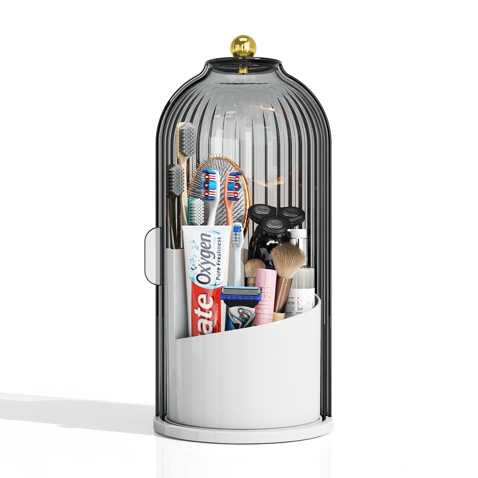 Organizer per pennelli da trucco con coperchio, girevole a 360 gradi, con coperchio, antipolvere per pennelli da trucco, per piano di lavoro del bagno, portaspazzolino coperto, grigio