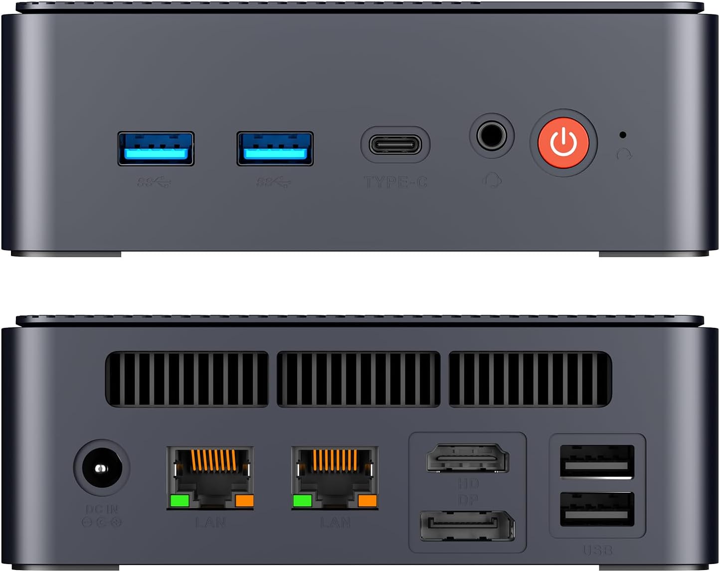 Hareup jeung pungkur view of the AWOW Mini PC showing all ports.