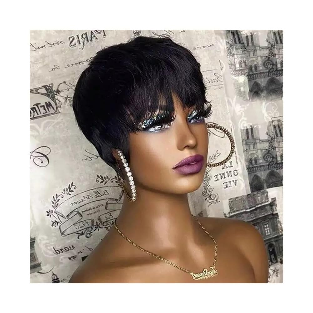 Daily Party Use Chocolate Brown Short Pixie Cut Wig Human Hair Machine Made Wigs with Bangs(99J Burgundy)
