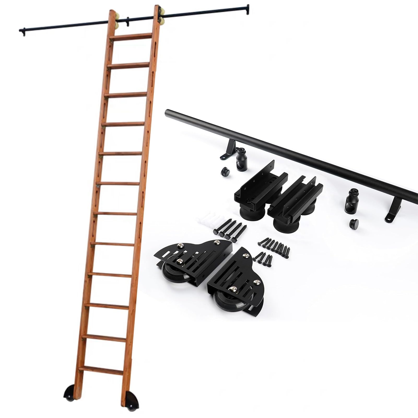 DONGGANSHI 100-732cm Rolling Library Ladder Hardware Kit,Black Steel Sliding Ladder Track Full Set(No Ladders),Round Tube Mobile Tracks Rail Roller System(12ft/366cm Track kit)
