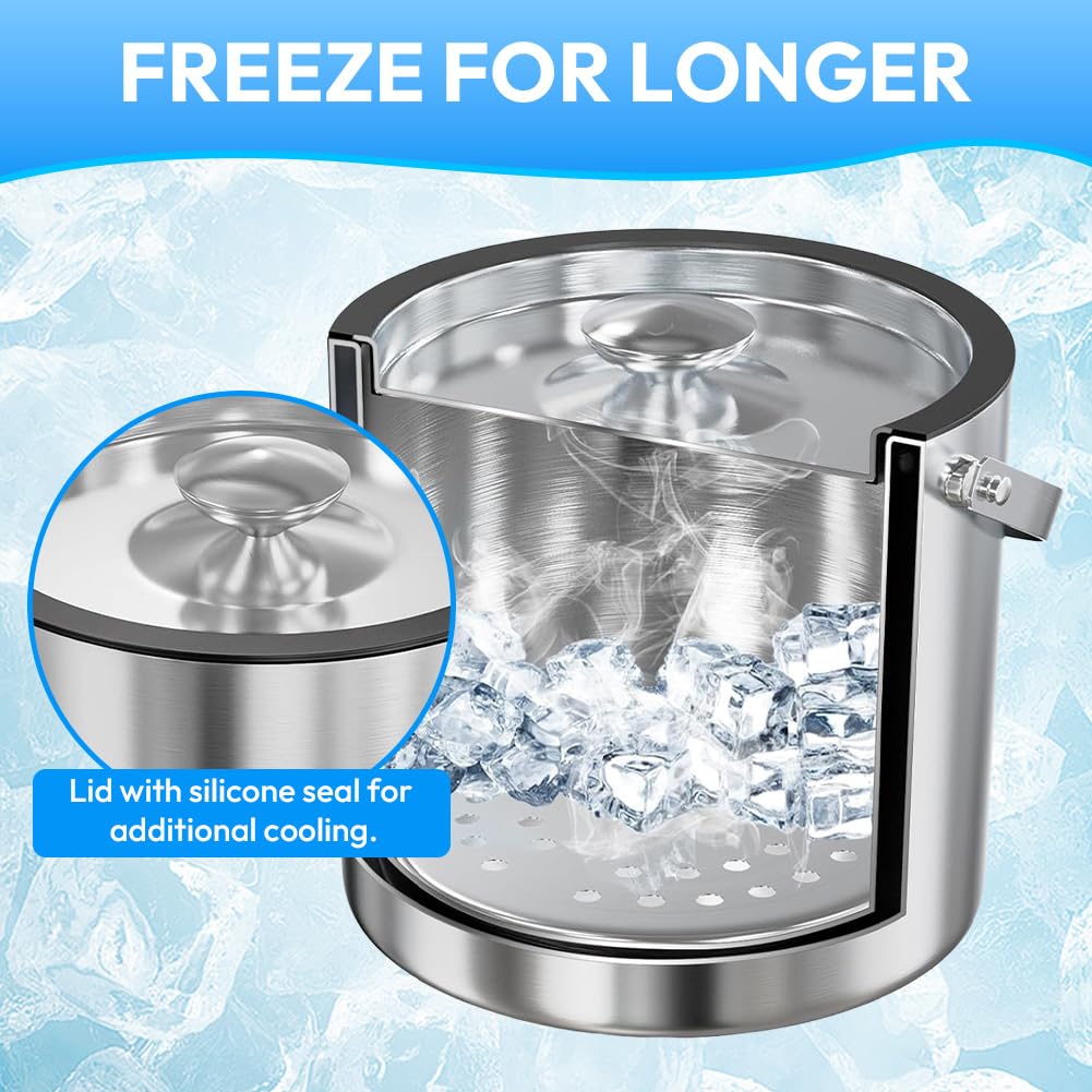 Cubitera de Acero Inoxidable con Tapa, Cubo de Hielo Aislado, Enfriador de Cerveza y Champán, Cubo de Hielo de 2,2 l, Incluye Colador y Pinzas para Hielo, Portátil y Fácil de Limpiar