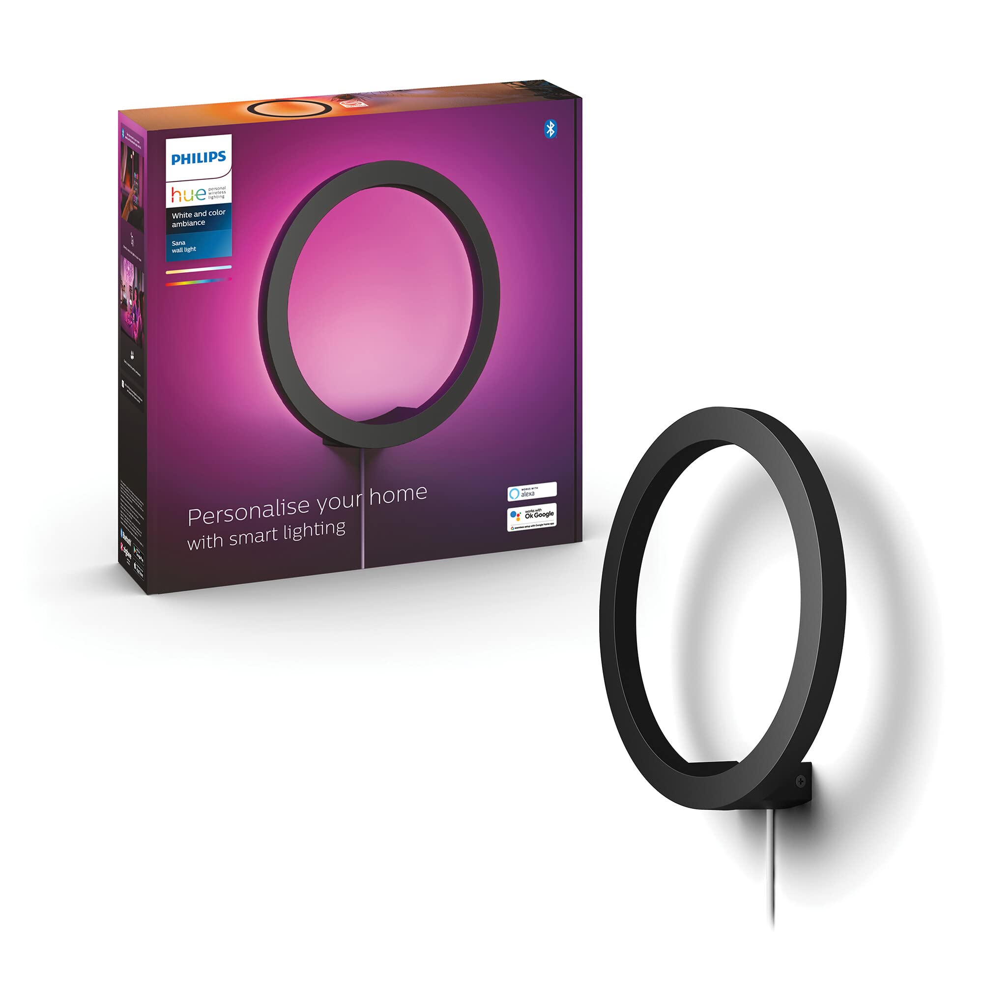Philips Hue Lámpara, Hue Sana, Aplique Mural LED Inteligente, Luz Blanca, Compatible con Alexa y Google Home, Color Negro