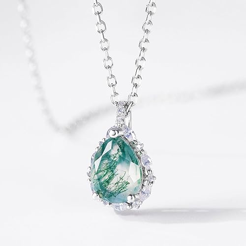 Miniatura 5 de WES Collar para mujer collar con colgante de ágata de musgo natural 925 para cumpleaños gemas verdes compromiso boda joyería de regalo Plata