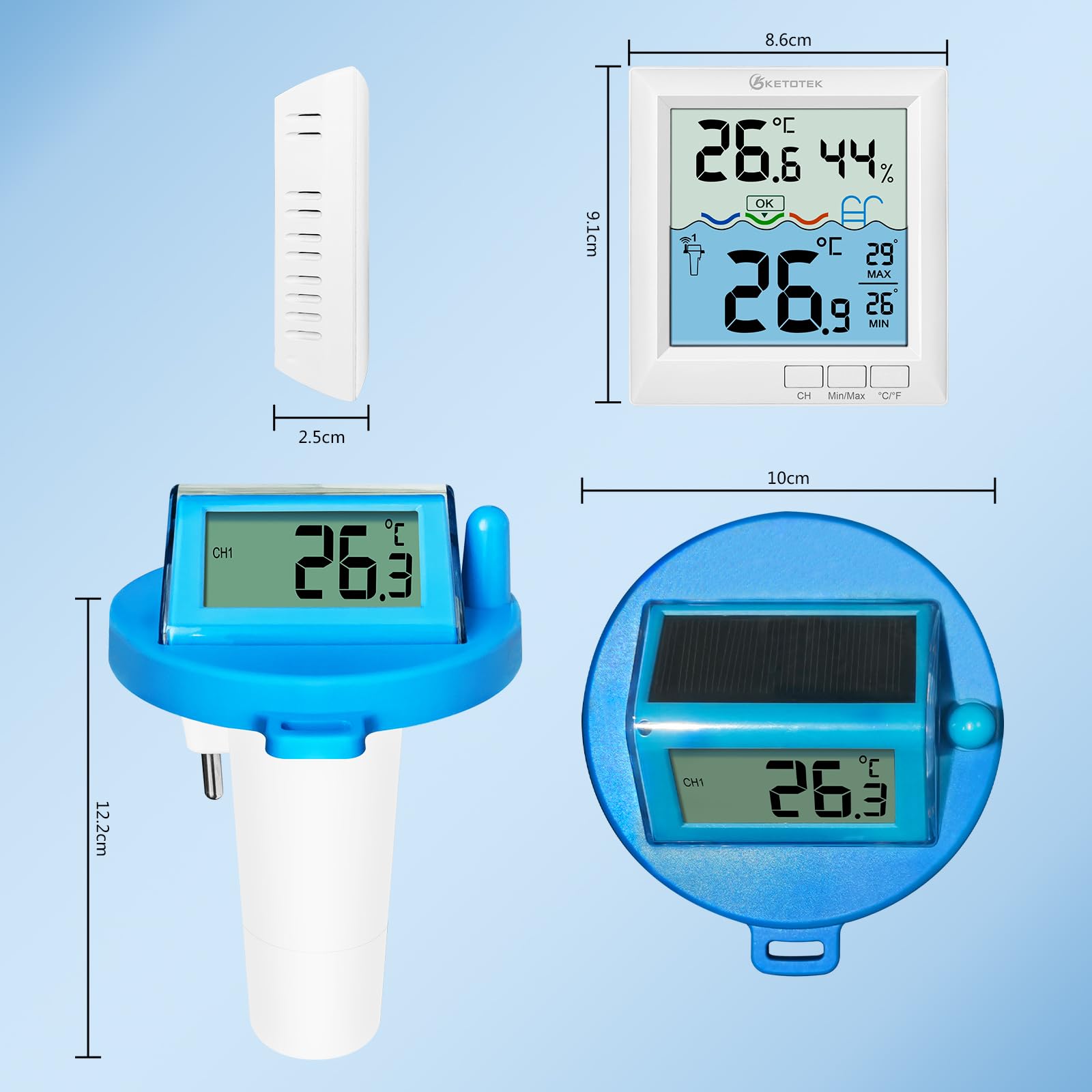 KETOTEK Cyfrowy termometr basenowy, pływający, zasięg 60 m, wodoszczelność IPX8, precyzyjny termometr do wanny, stawu, akwarium, zasilanie energią słoneczną i z akumulatora | Zasięg 60 m, wodoszczelność IPX8, precyzyjny termometr do wanny, stawu, akwarium