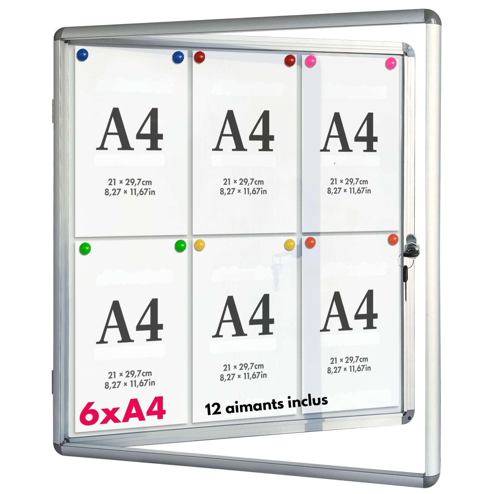 KARAT - Vitrine d'affichage - Enseignes murales en Verre Acrylique - Panneau magnétique - Tableaux d'affichage -Cadres d'affichage avec Serrure - Armoires d'affichage Cadre en Aluminium - Format 6xA4