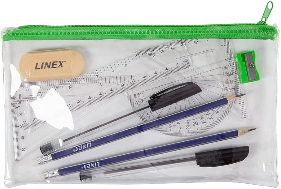 Linex Clear Exam Pencil Case with Maths Set & Stationery, Exam-Approved Transparent Pencil Case with Geometry Tools for School, College & University