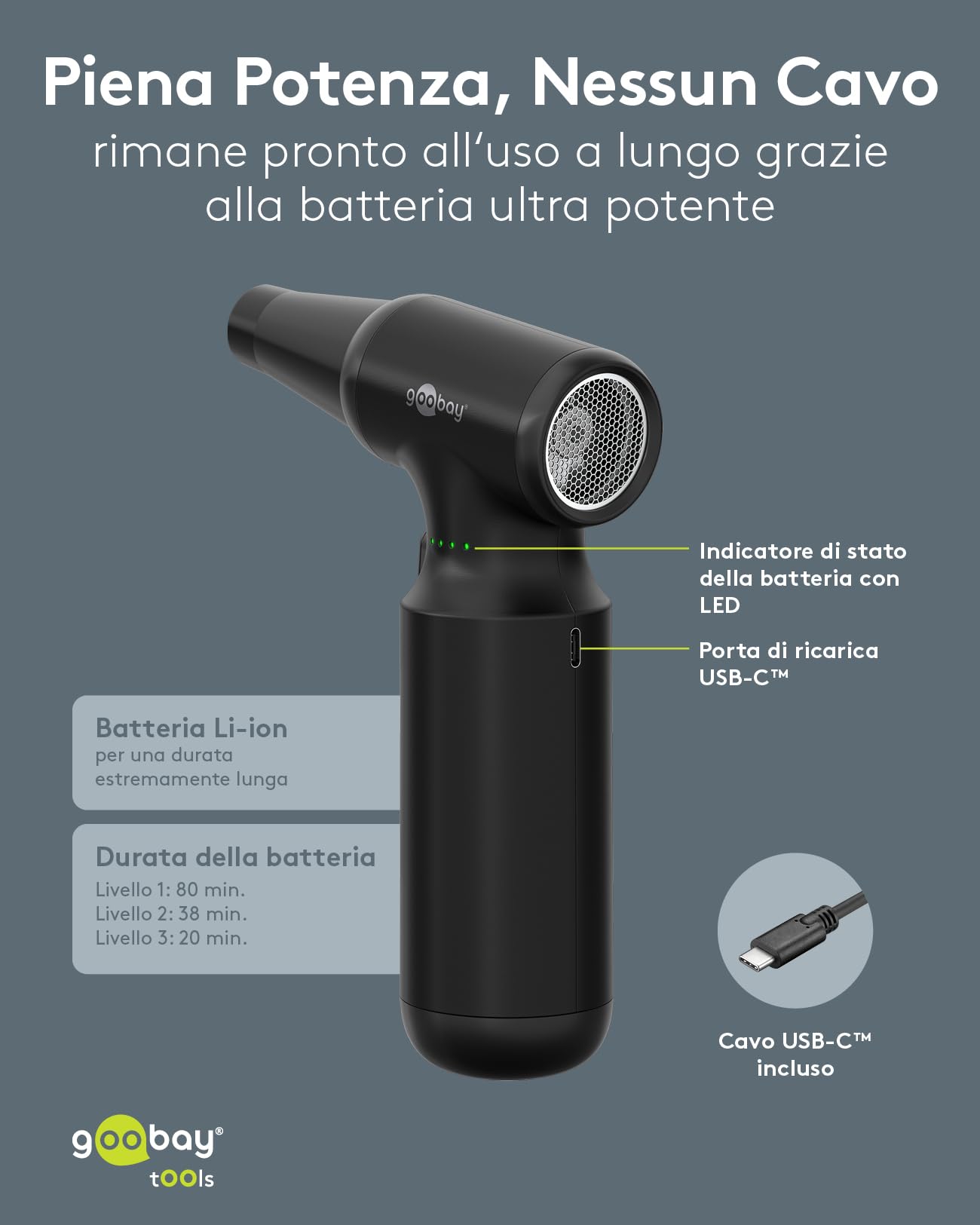 goobay soffiatore per polvere Advanced con 3 livelli, batteria da 6.000 mAh, 110.000 giri/min, fino a 80 minuti di autonomia, incl. 8 accessori per rimuovere la polvere da tastiere, PC, 77830