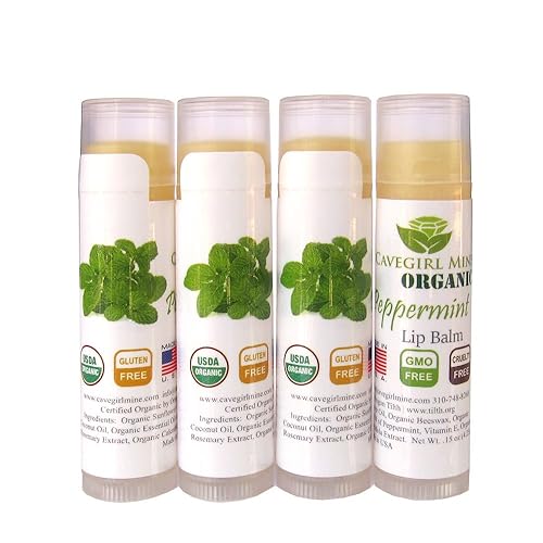 Paquete de 4 bálsamos labiales orgánicos certificados por USDA. CAVEGIRL MINE - Sabor a menta orgánica. Fabricado en Estados Unidos. Sin parabenos.