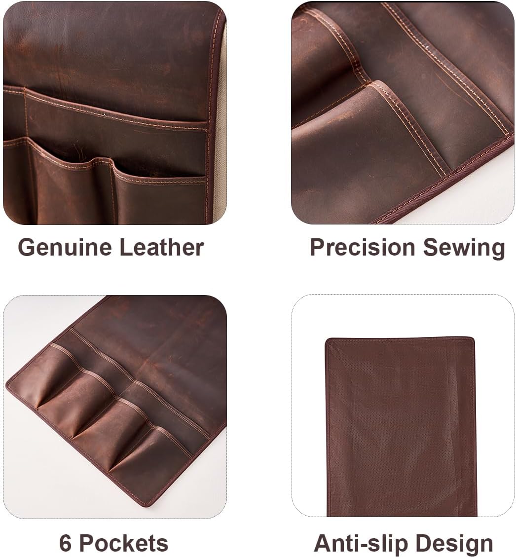 EURYNOME Sofa Armrest Genuine Leather Storage Bag,Anti-Slip Sofa Organizer Pouch for Remote Control,Phone,ipad,Magazine,etc