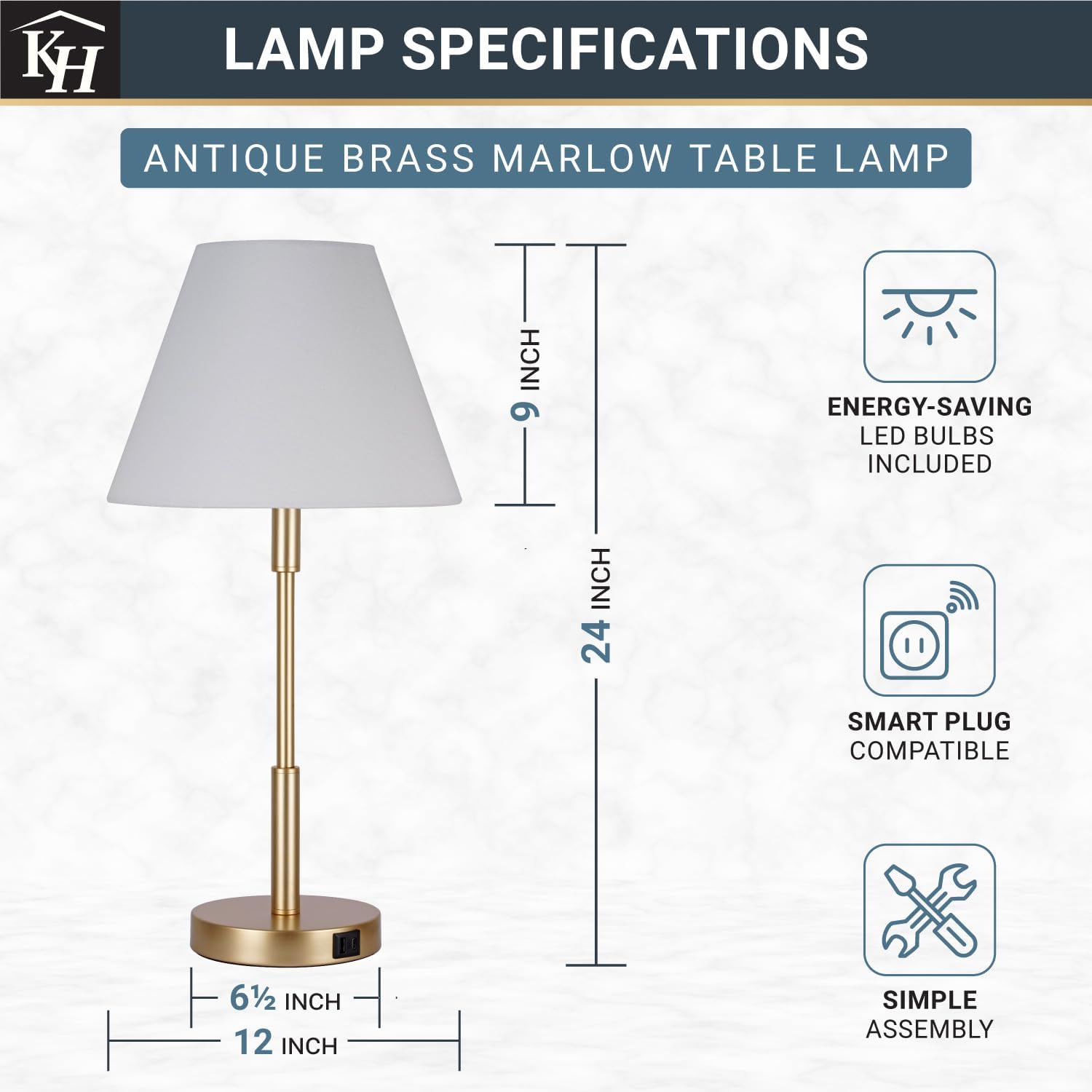 Kenroy Home アンティーク真鍮マーローテーブルランプ2個セット - USB-A、USB-C、LED電球、2個セット。