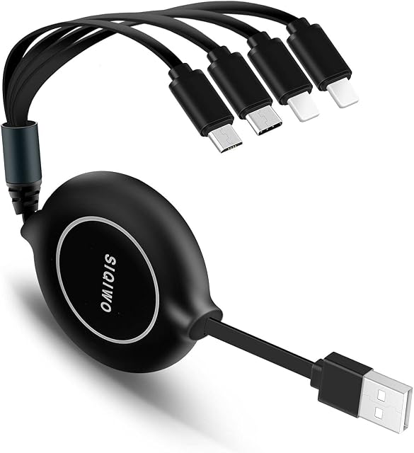 SIQIWO Multi Charger Cable 3A, 4 in 1 One-way Retractable Fast Charging Cord Lead with 2 iP Micro USB Type C Port, for Samsung Galaxy S22 S20 S9 A51 J5, LG, Moto, Pixel, Nexus, Sony, Huawei, PS5-0.9M