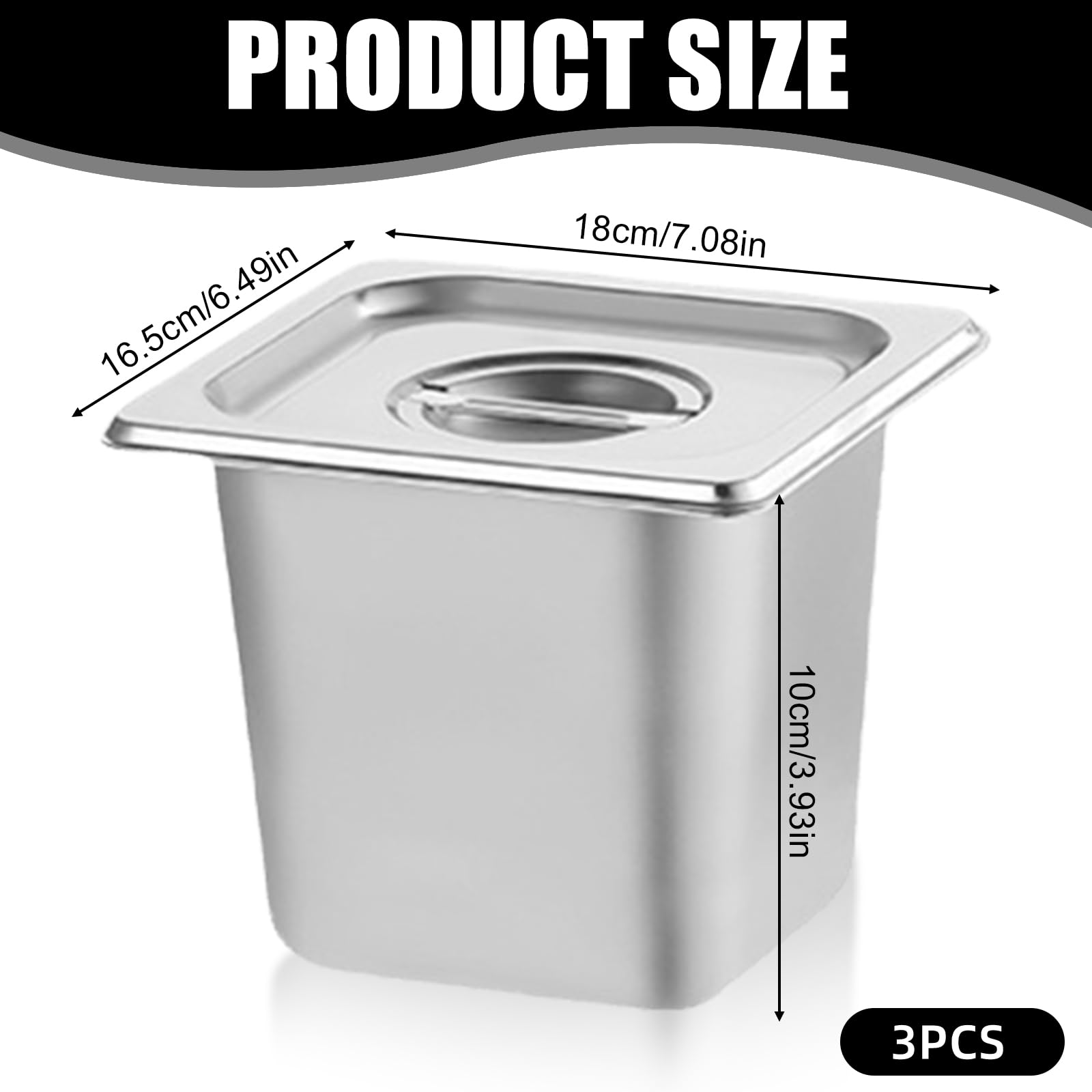 GOMETY 3 contenitori in acciaio inox 1/6 con coperchio, 17,6 x 16,2 x 10 cm, profondità padelle per hotel, altezza 100 mm, contenitore per alimenti, impilabile, contenitore per alimenti resistente al