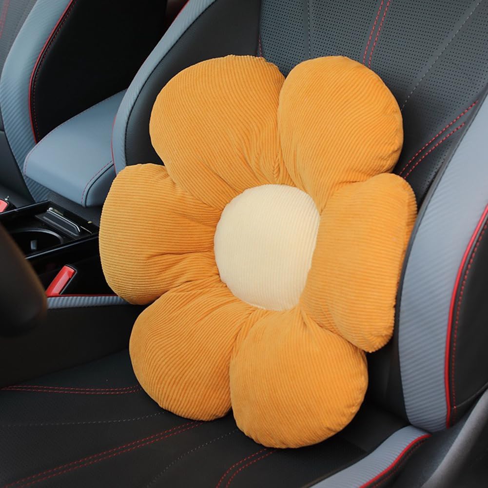 Flower Car Waist Pillow Lumbar Back Cushion Flower Shaped Auto Lumbar Support Pillow Bed Sofa Decorative Throw Pillows (Yellow, 45×45cm/17.7"×17.7")