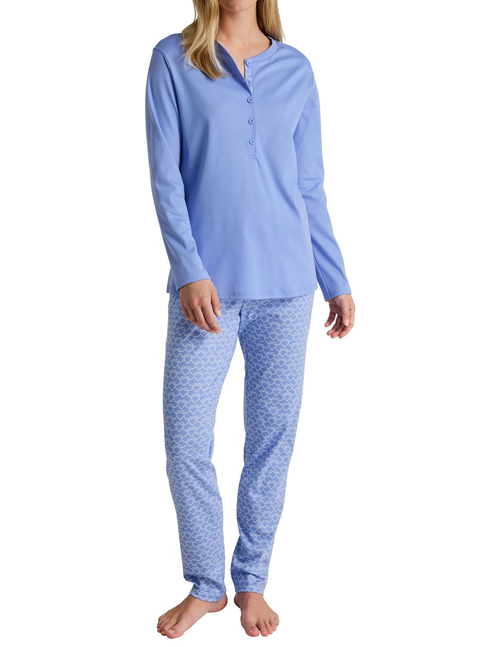 CALIDA Daylight Dreams Women's Long Pyjamas 100% Cotton Breathable and Climate Regulating, Hydrangea Blue, 36-38