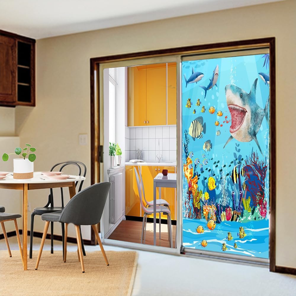 Brebasf Cartoon Sea Animals Design Window FilmWatercolor Tropical Nautical Funny Coral Fish Sharks Suitable for Living Room,Kitchen,Bathroom-23.6W x47.2L in x1Pcs