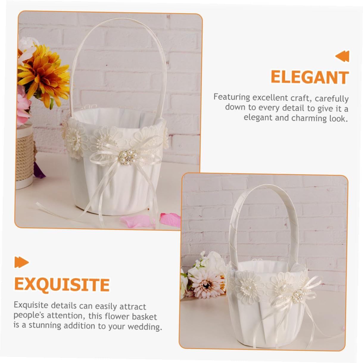 Flower Girl Basket for Weddings with Pearl Accent Fabric Wedding Petal Basket and Flower
