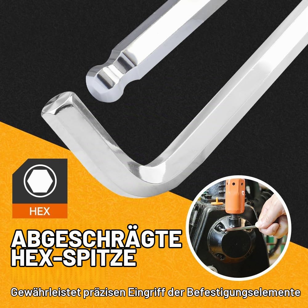Hoteche 13-teiliges Extra langes Kugelkopf Innensechskant-Schlüssel-Set, Spiegelverchromung, in Kunststoffbox - 1,5 bis19MM, Winkelschraubendreher-Satz
