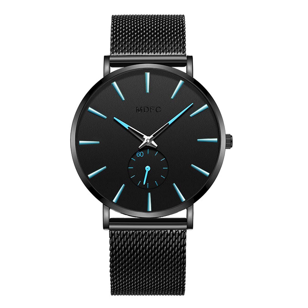 Men's Watch Black Stainless Steel watchband Ultra-Thin dial Design Simple Fashion Casual Waterproof Watch (Blue)