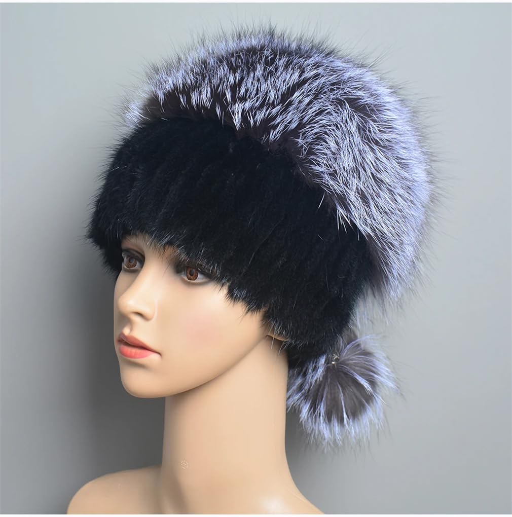 Cappello da Donna Invernale di Lusso Lavorato A Maglia Berretto Russo con Pompon Berretto da Neve Caldo E Spesso da Donna,Black-One Size