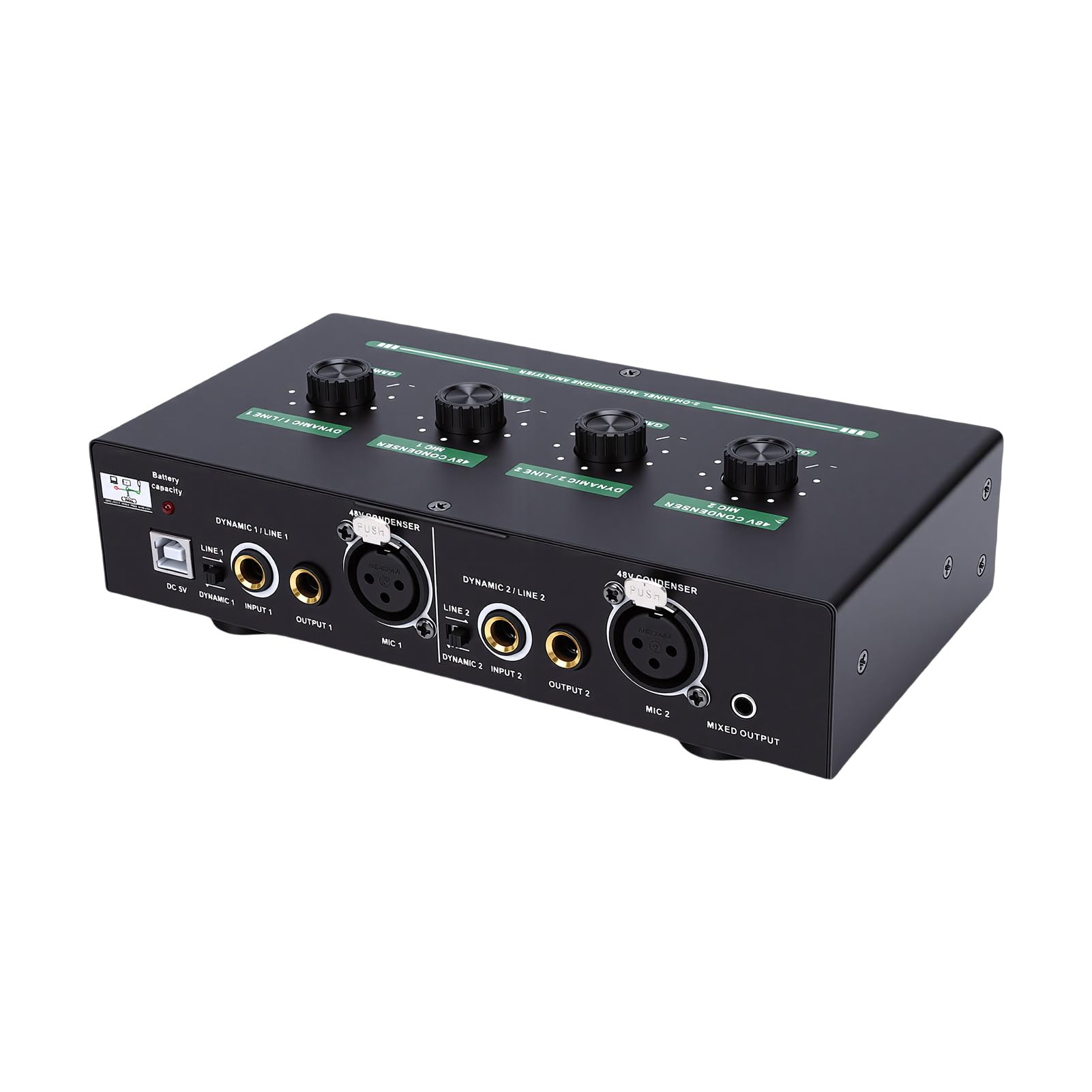 Mixer Microfonico per Registrazione in Studio |Interfaccia Audio a 2 con Alimentazione Phantom 48V, Interfaccia Alimentata a Batteria da 3200mAh per Musicisti, Streamer