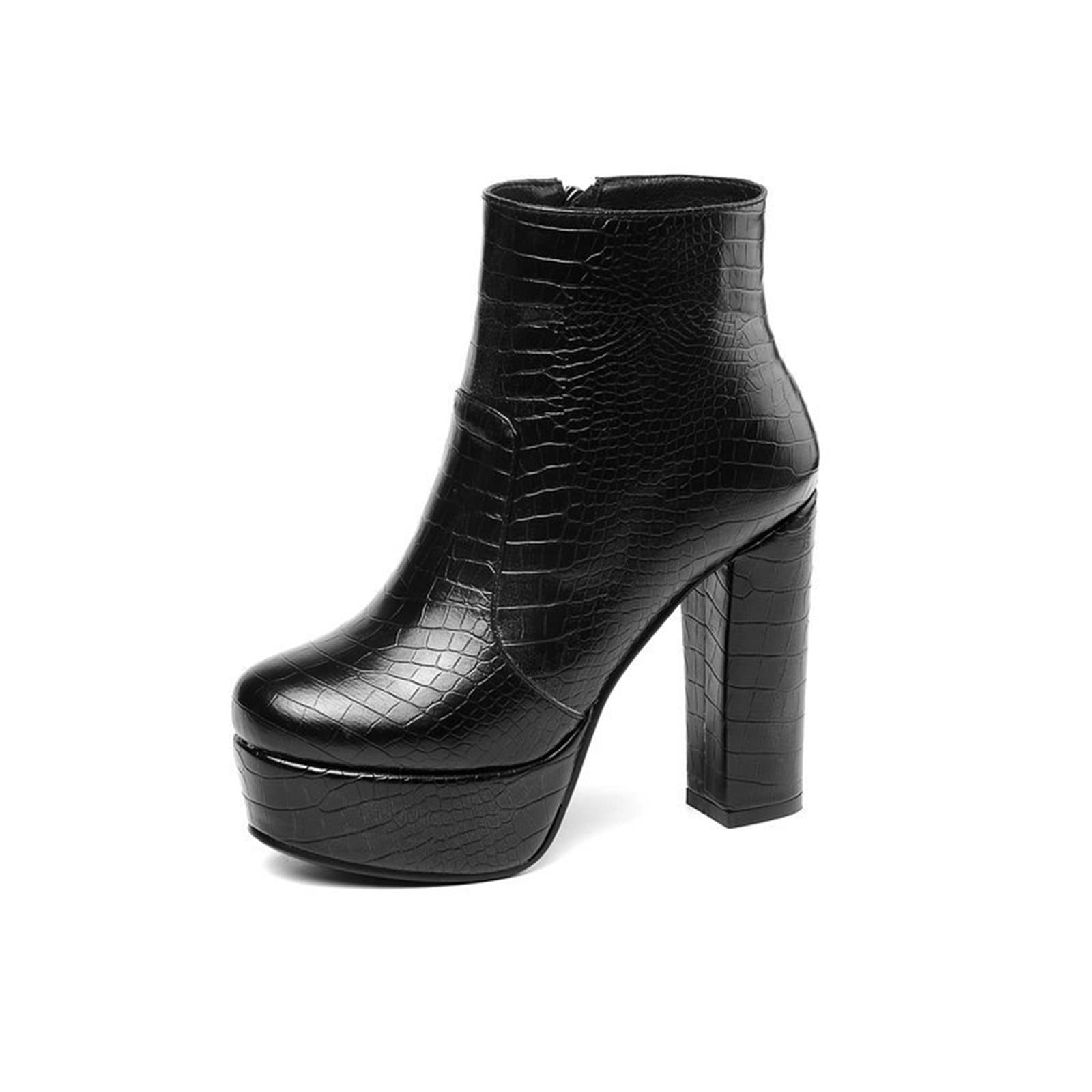 FufoneUS Women's Black Platform Ankle Boots Heeled Combat Boots with Zipper for Lady Girl Party, Working, Dating