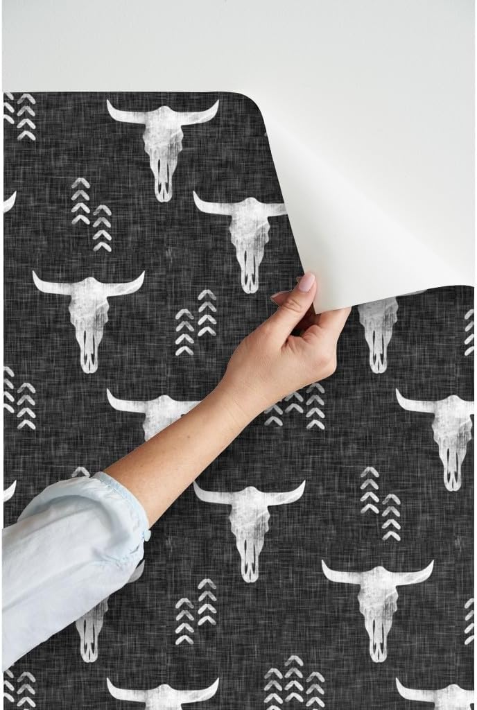 Peel & Stick Wallpaper 3ft x 2ft - Desert Skulls Boho Southwest Inspired Bull Cow Gray Bohemian Custom Removable Wallpaper by Spoonflower