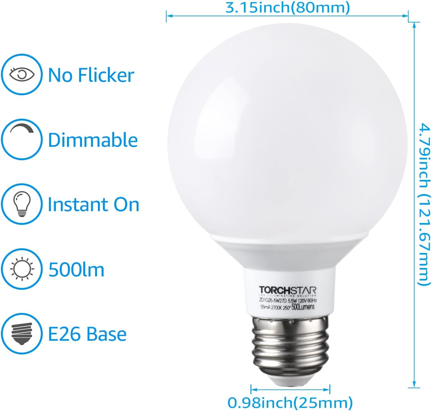 TORCHSTAR G25 LED Globe Light Bulbs, Dimmable, 2700K Soft White, Vanity Light Bulb, UL & Energy Star Listed, E26 Base, Pack of 6