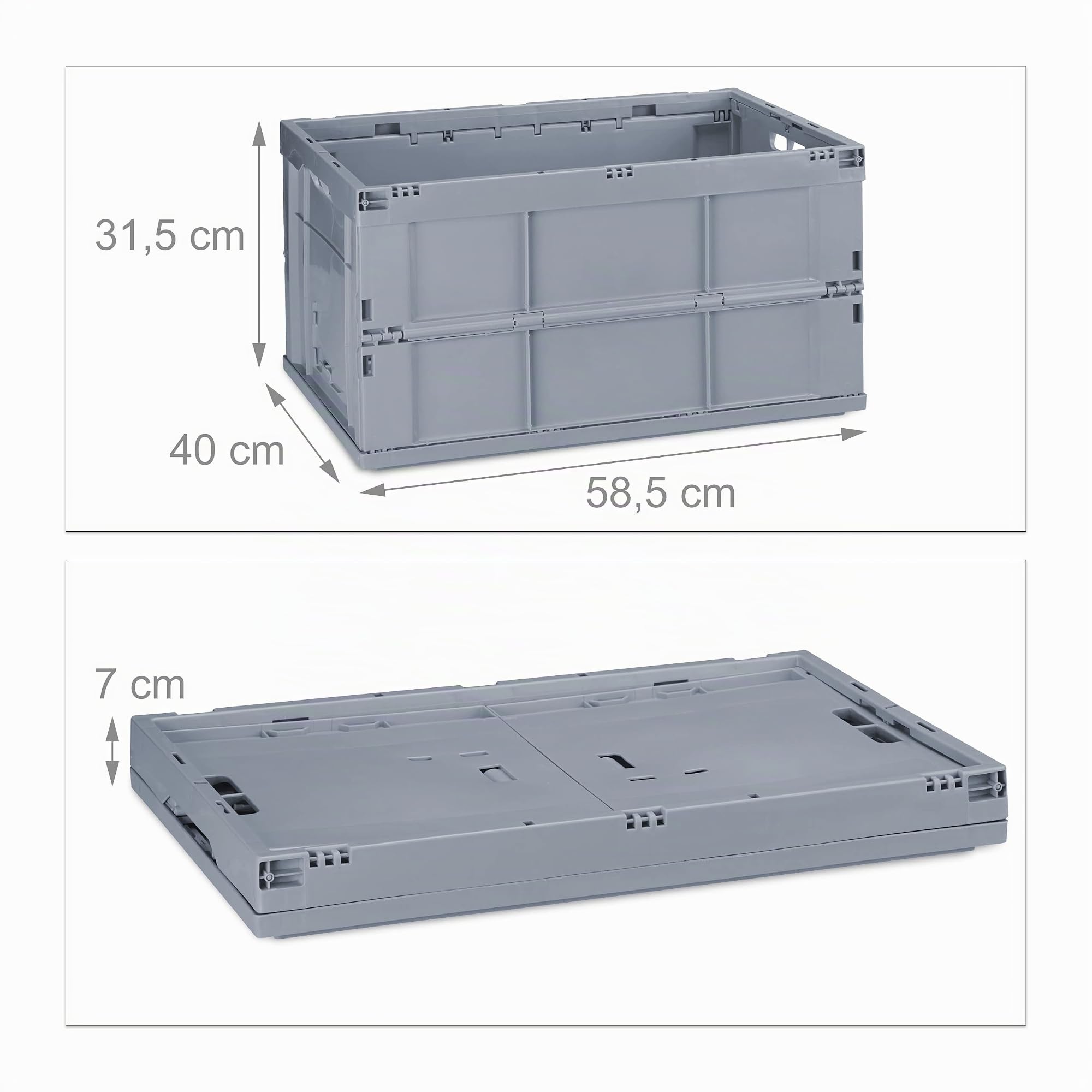 Relaxdays Cassetta Pieghevole, Stabile, da Lavoro, Plastica Resistente, 60L, HLP 31,5 x 58,5 x 40 cm, Grigio