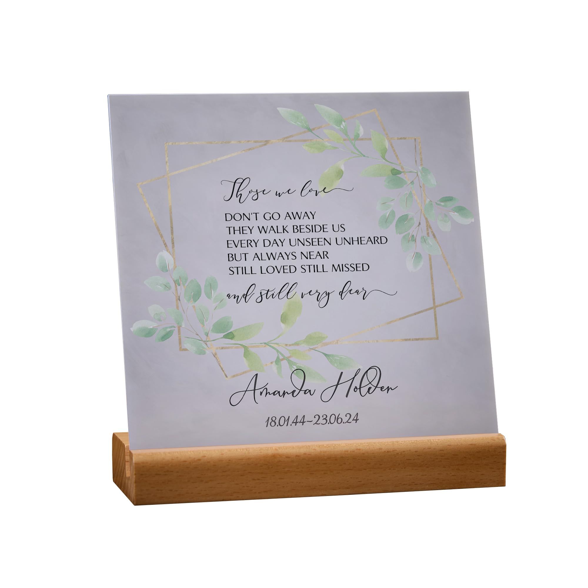 ukgiftstoreonline Personalised Sympathy Memorial Plaque, 15cm x 15cm, with Wooden Base (Those We Love With Leaves)