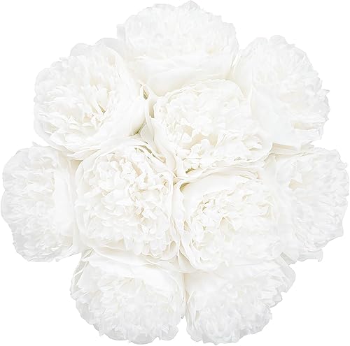 U'Artlines - Peonía artificial, flor de seda con tallos, 10 piezas de peonías vintage de aspecto real para decoración de bodas y hogar (blanco puro)